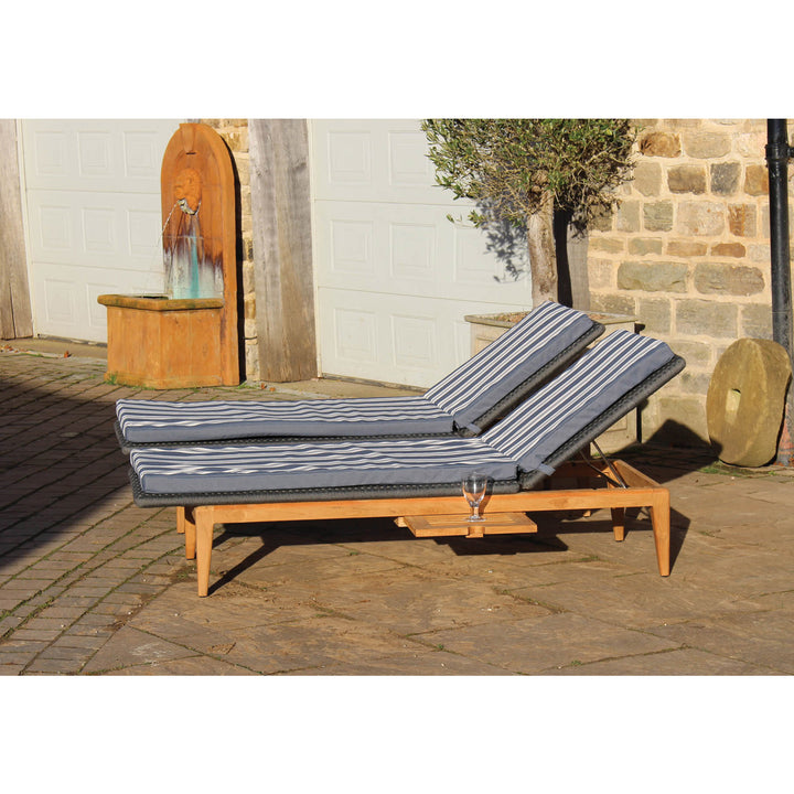 Set of two Gustav teak sun loungers with Rhode Island striped Olefin pads