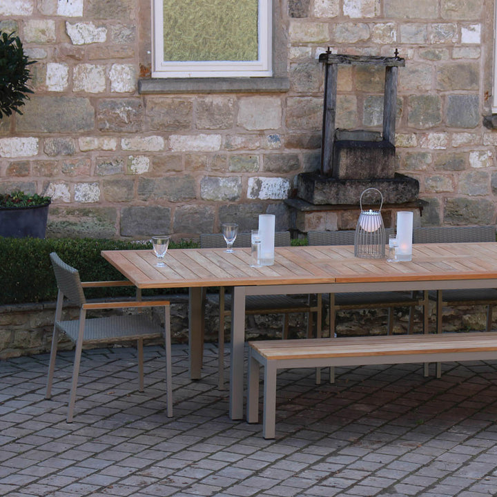 Atlantic Outdoor Teak Dining Table, Reclaim Bench and Modena Dining Chairs close up