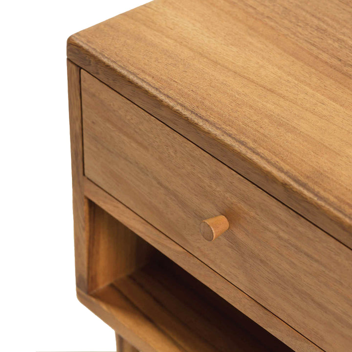 Close up of Shoreditch wooden bedside table with drawer