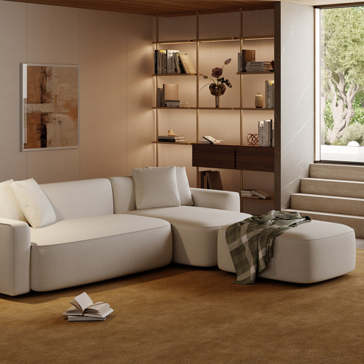 Avriio Volos Light Natural Beige Three Seater Chaise Lounge Sofa with Ottoman footstool