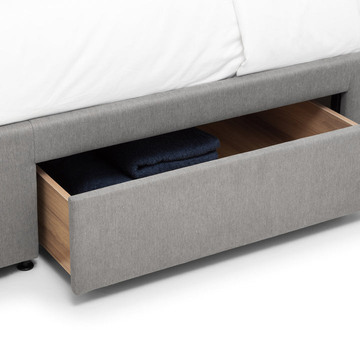 Close up of Fulham Grey Upholstered Fabric Bed with Storage Drawers
