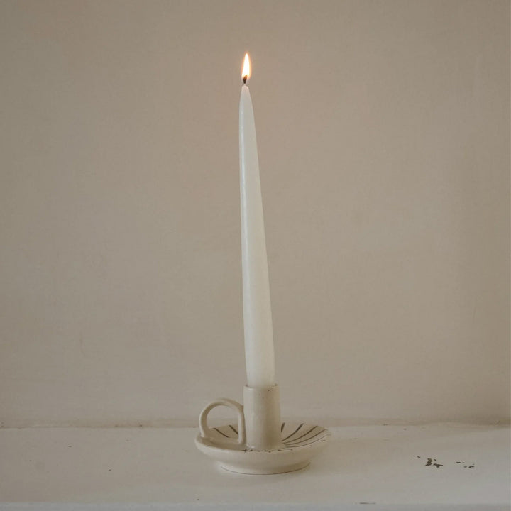 Stoneware Candle Holder with candle, Pebble Pinstripe